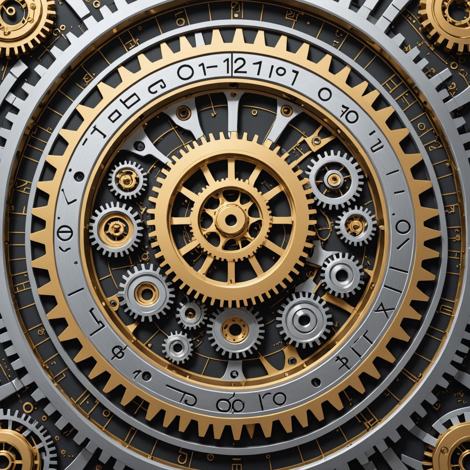 A series of connected gears representing the intricate process of data preprocessing, with visuals showing cleaned and organized datasets