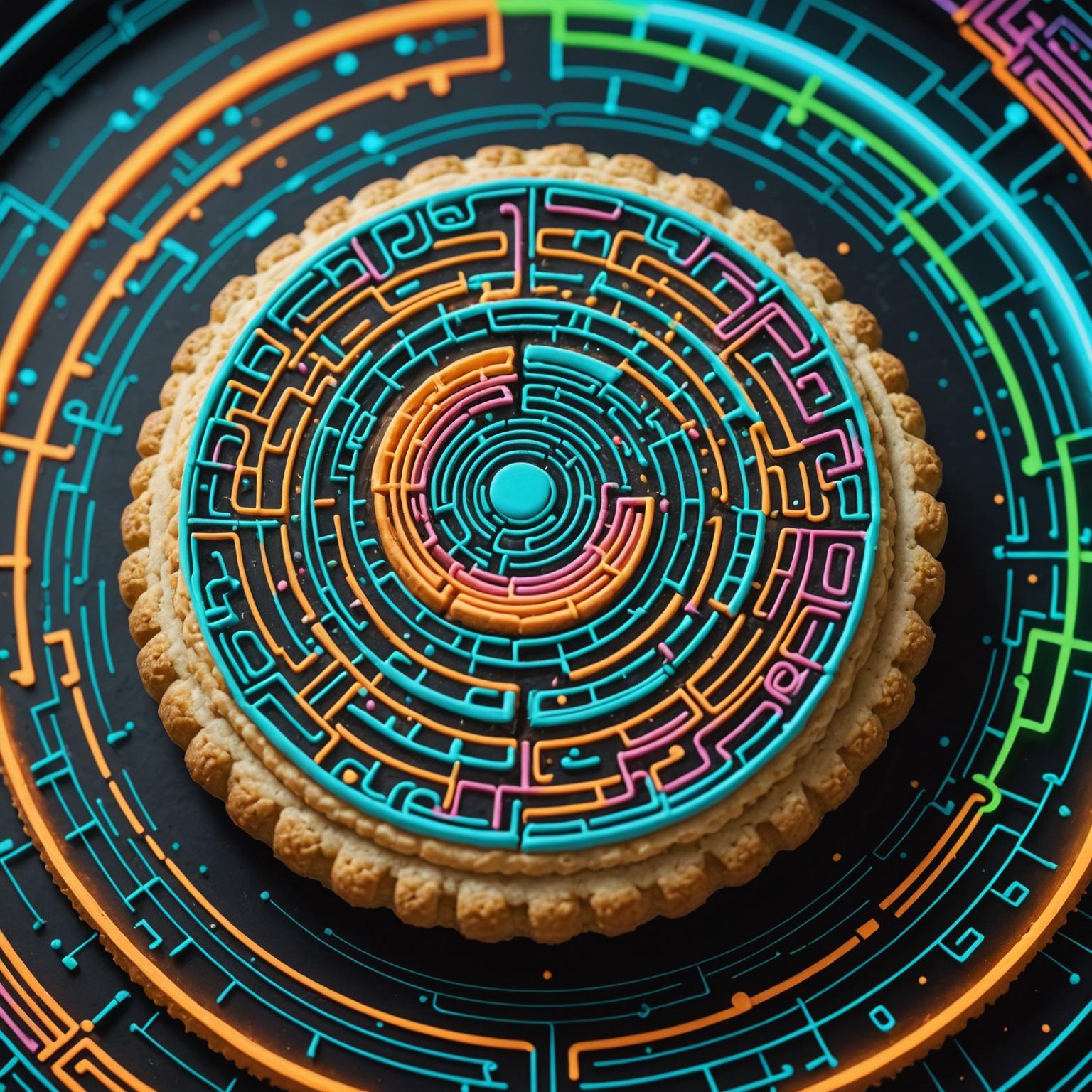 A computer screen displaying complex code resembling a recipe, with lines connecting to an image of a freshly baked cookie