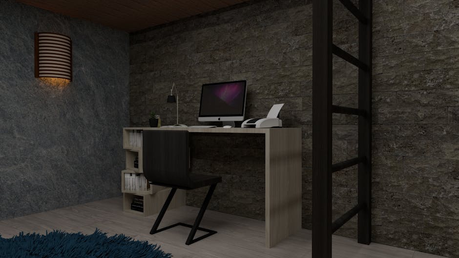 A cozy home office with a computer screen showing a list of product review topics generated by ChatGPT