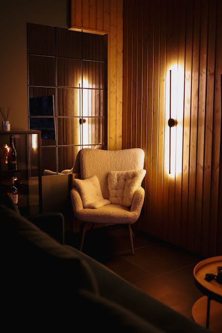 A cozy living room where smart lighting is automatically activated by motion sensors, depicting convenience and energy efficiency
